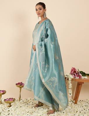 Blue woven design silk blend kurta trouser dupatta set 3