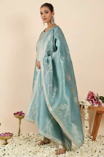 Blue woven design silk blend kurta trouser dupatta set