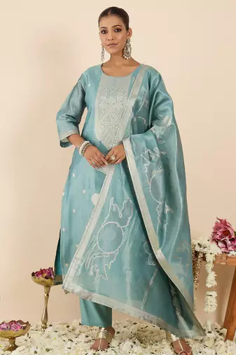 Blue woven design silk blend kurta trouser dupatta set