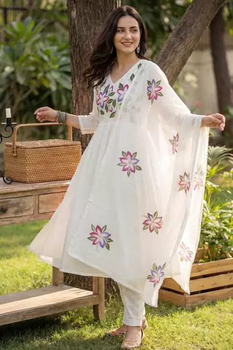 Off white printed pure cotton kurta trouser dupatta set