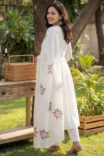 Off white printed pure cotton kurta trouser dupatta set