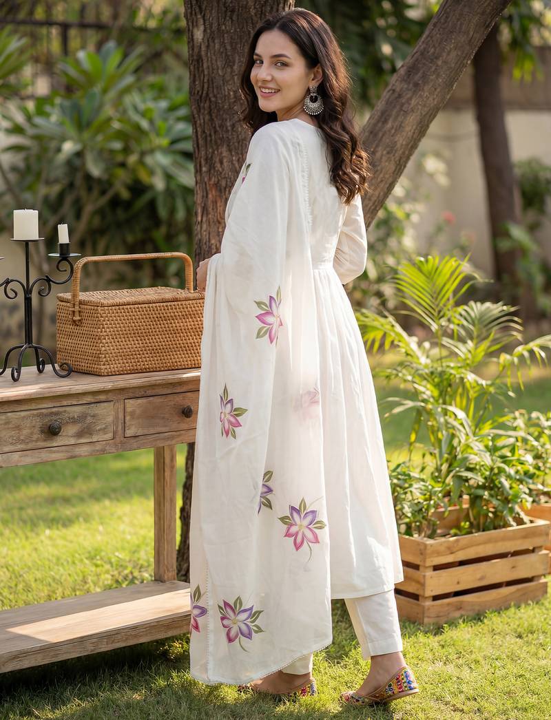 Off white printed pure cotton kurta trouser dupatta set