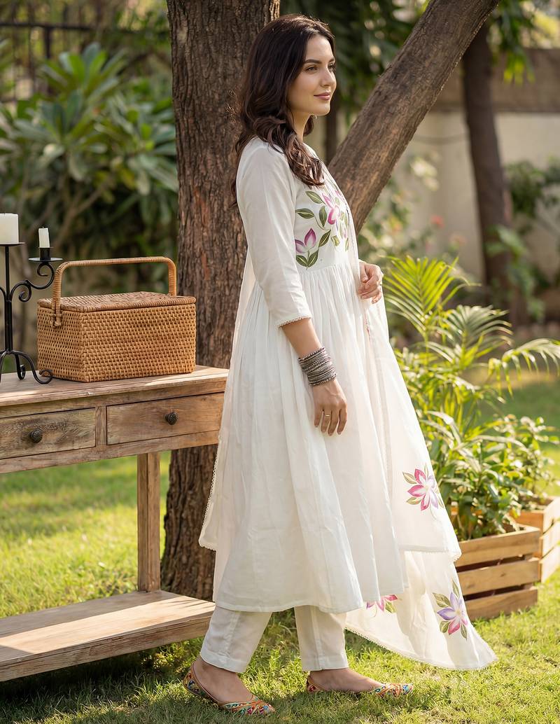 Off white printed pure cotton kurta trouser dupatta set