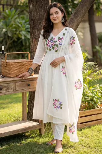 Off white printed pure cotton kurta trouser dupatta set