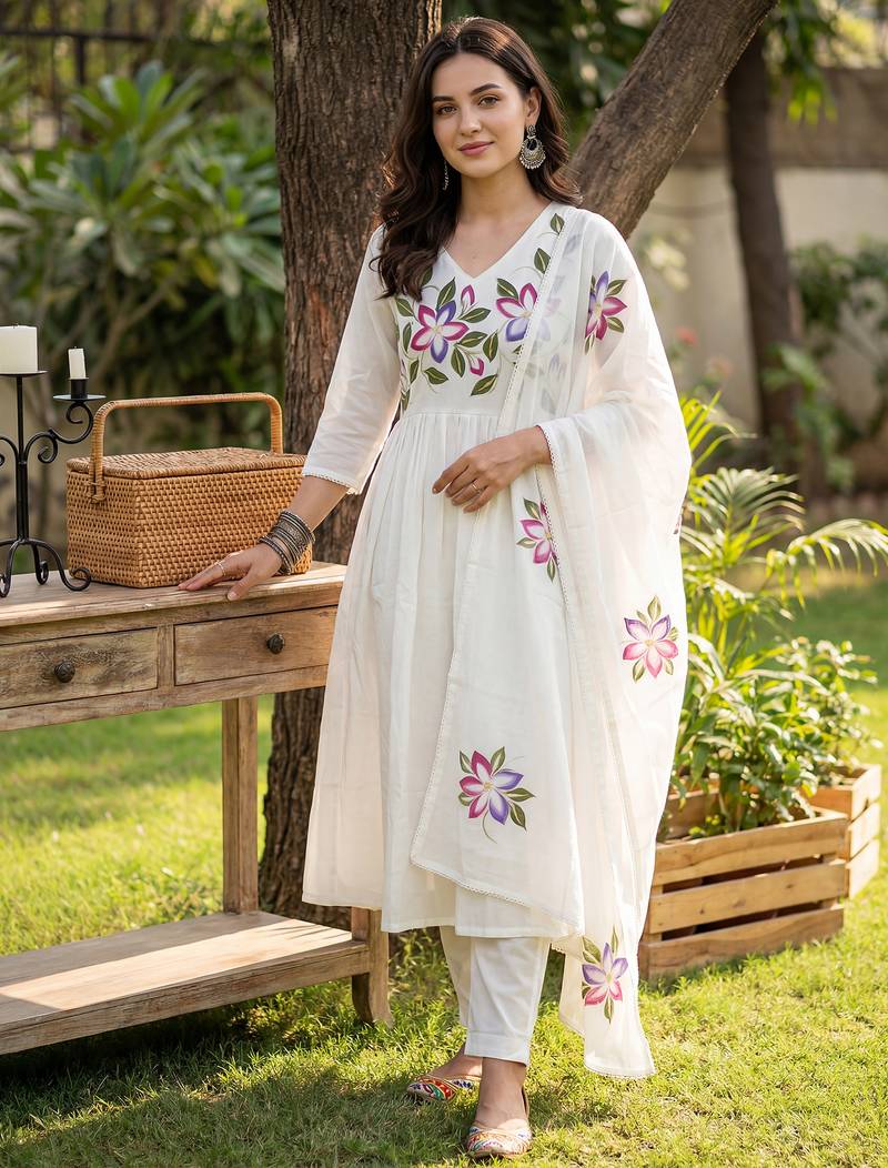 Off white printed pure cotton kurta trouser dupatta set