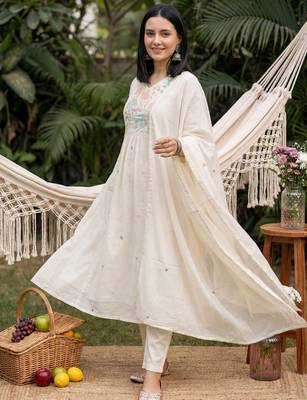 Cream embroidered pure cotton kurta trouser dupatta set 1