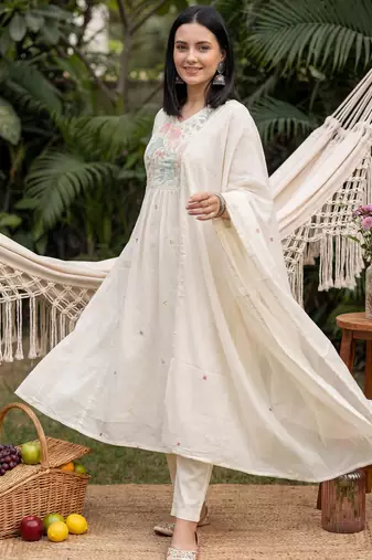 Cream embroidered pure cotton kurta trouser dupatta set