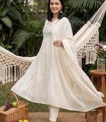 Cream embroidered pure cotton kurta trouser dupatta set