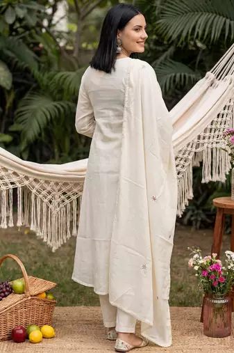 Cream embroidered pure cotton kurta trouser dupatta set