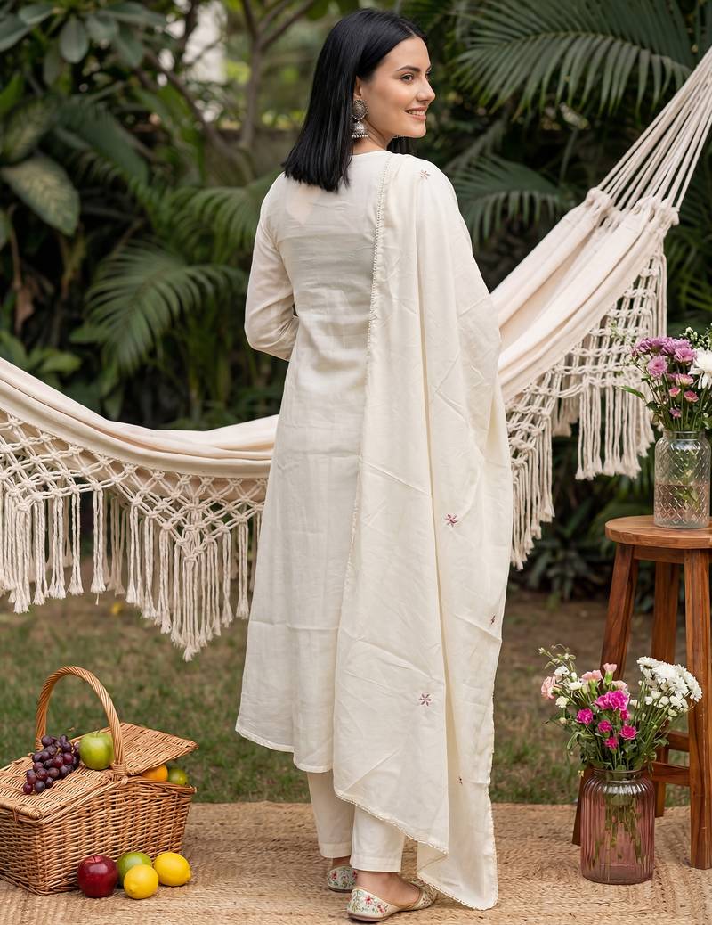 Cream embroidered pure cotton kurta trouser dupatta set