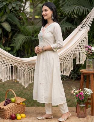 Cream embroidered pure cotton kurta trouser dupatta set 3