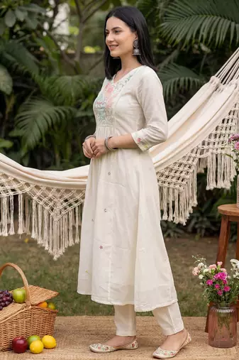 Cream embroidered pure cotton kurta trouser dupatta set