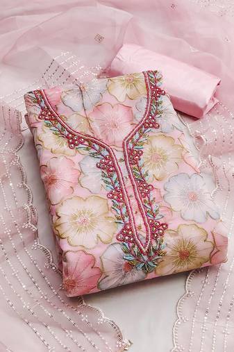 floral printed beads and stones detail unstitched dress material