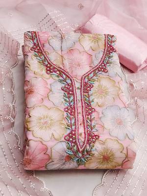 floral printed beads and stones detail unstitched dress material 2