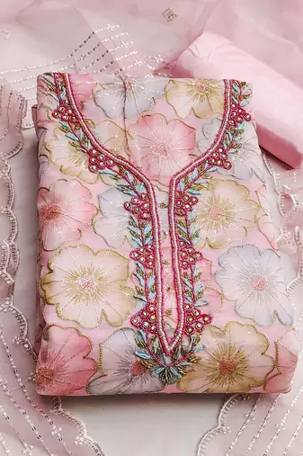 Floral Printed Beads and Stones Detail Unstitched Dress Material