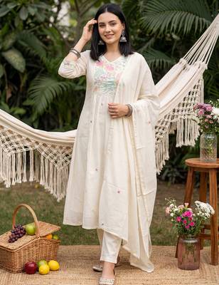 Cream embroidered pure cotton kurta trouser dupatta set 4