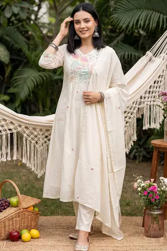 Cream embroidered pure cotton kurta trouser dupatta set