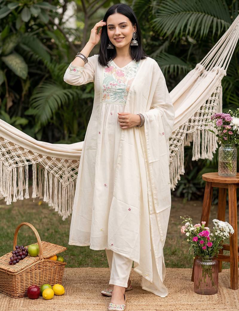 Cream embroidered pure cotton kurta trouser dupatta set