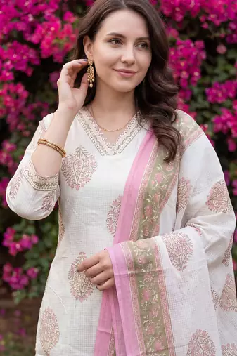 Off white printed pure cotton kurta trouser dupatta set