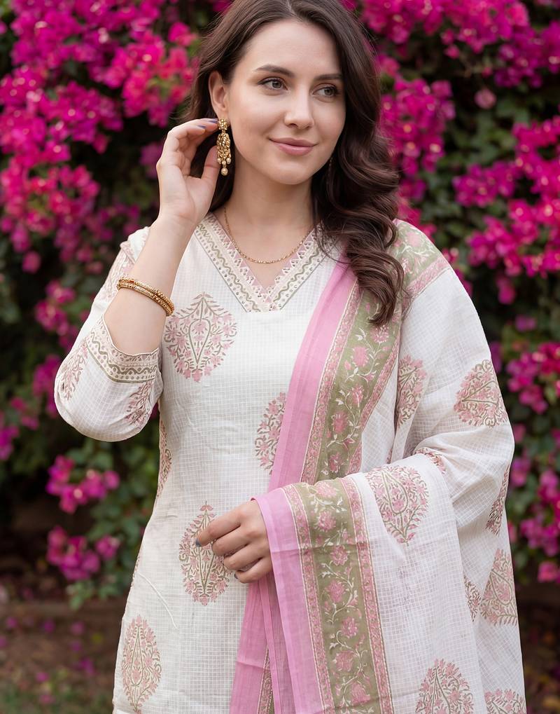 Off white printed pure cotton kurta trouser dupatta set
