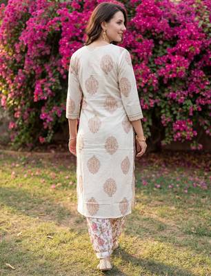 Off white printed pure cotton kurta trouser dupatta set 3