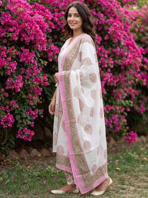 Off white printed pure cotton kurta trouser dupatta set 4