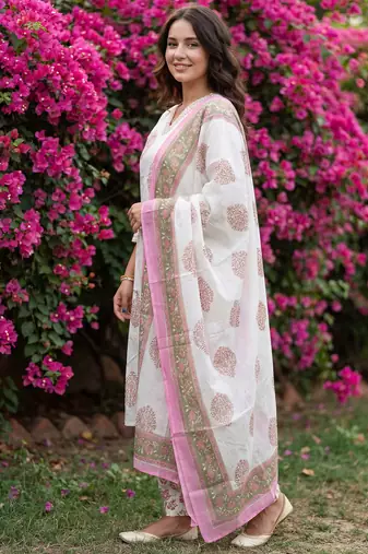 Off white printed pure cotton kurta trouser dupatta set