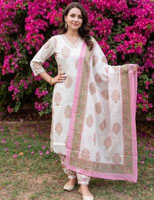 Off white printed pure cotton kurta trouser dupatta set 1