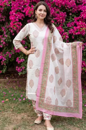 Off white printed pure cotton kurta trouser dupatta set