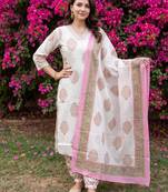 Off white printed pure cotton kurta trouser dupatta set