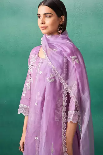 Lavender embroidered silk blend kurta trouser dupatta set