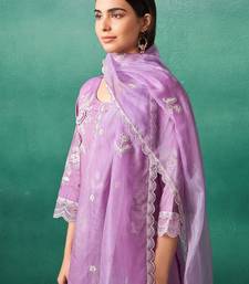 Lavender embroidered silk blend kurta trouser dupatta set