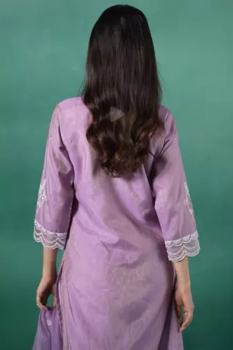 Lavender embroidered silk blend kurta trouser dupatta set
