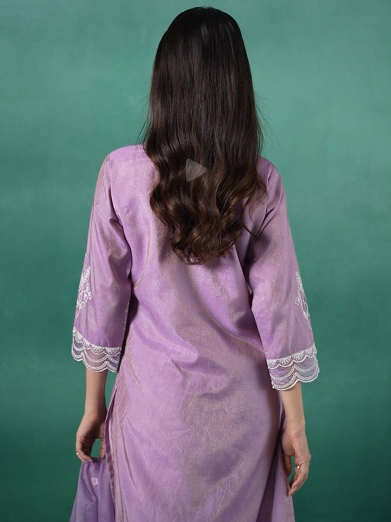 Lavender embroidered silk blend kurta trouser dupatta set