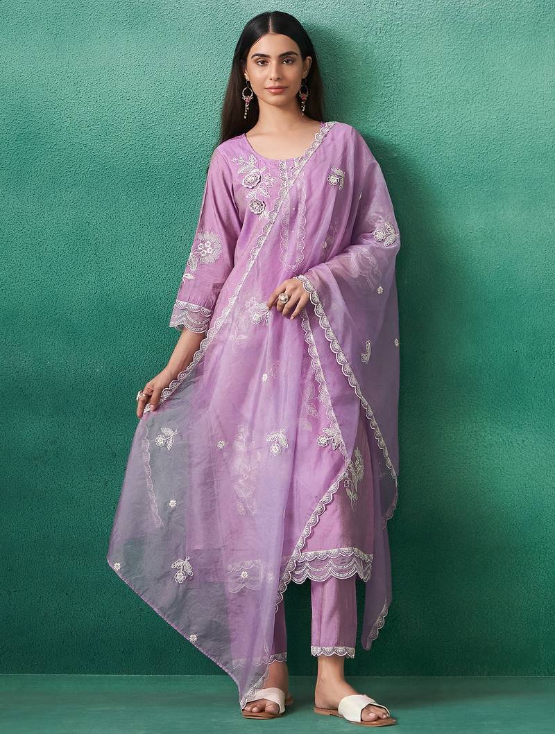 Lavender embroidered silk blend kurta trouser dupatta set