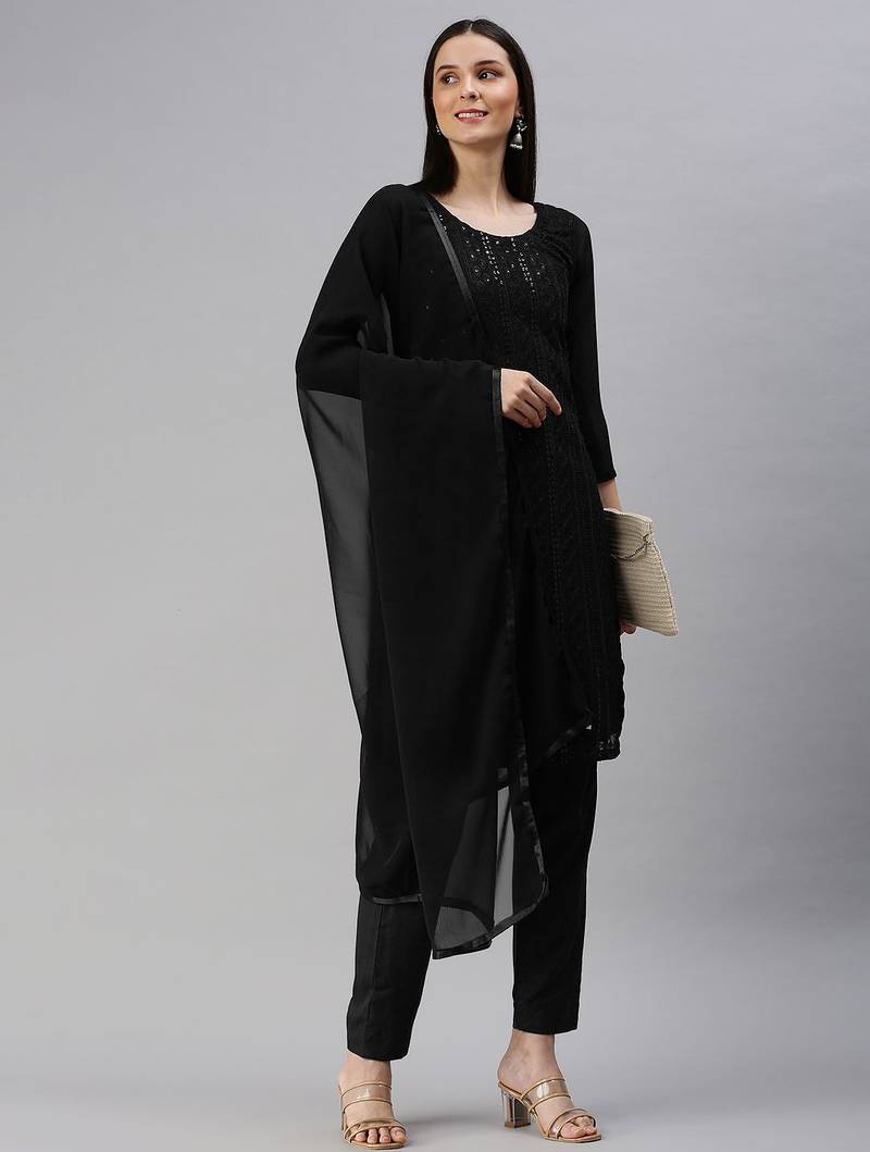Black Embroidered Unstitched Dress Material