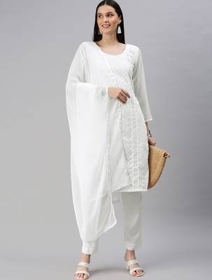 White Embroidered Unstitched Dress Material 1