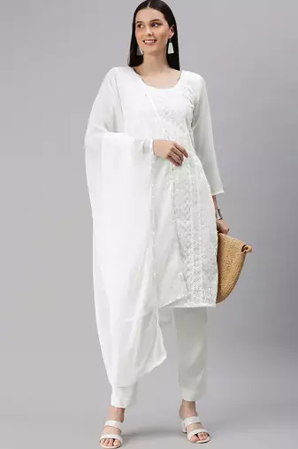 White Embroidered Unstitched Dress Material