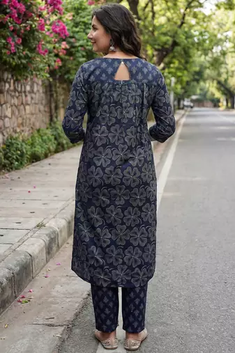 Blue printed pure cotton kurta trouser dupatta set