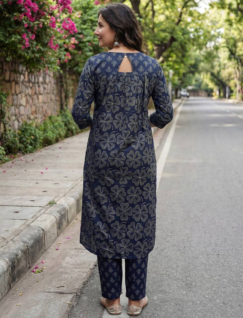 Blue printed pure cotton kurta trouser dupatta set