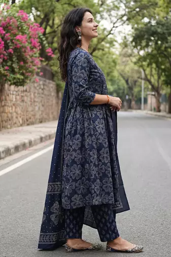 Blue printed pure cotton kurta trouser dupatta set