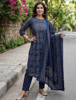 Blue printed pure cotton kurta trouser dupatta set 4