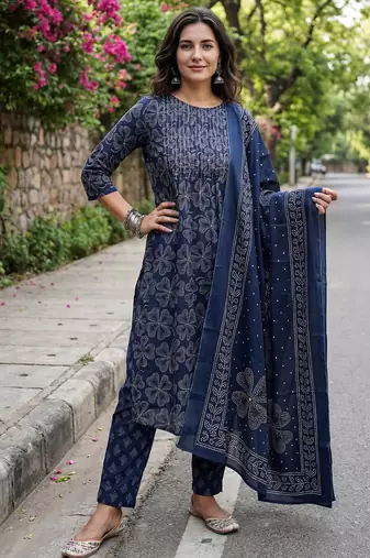 Blue printed pure cotton kurta trouser dupatta set
