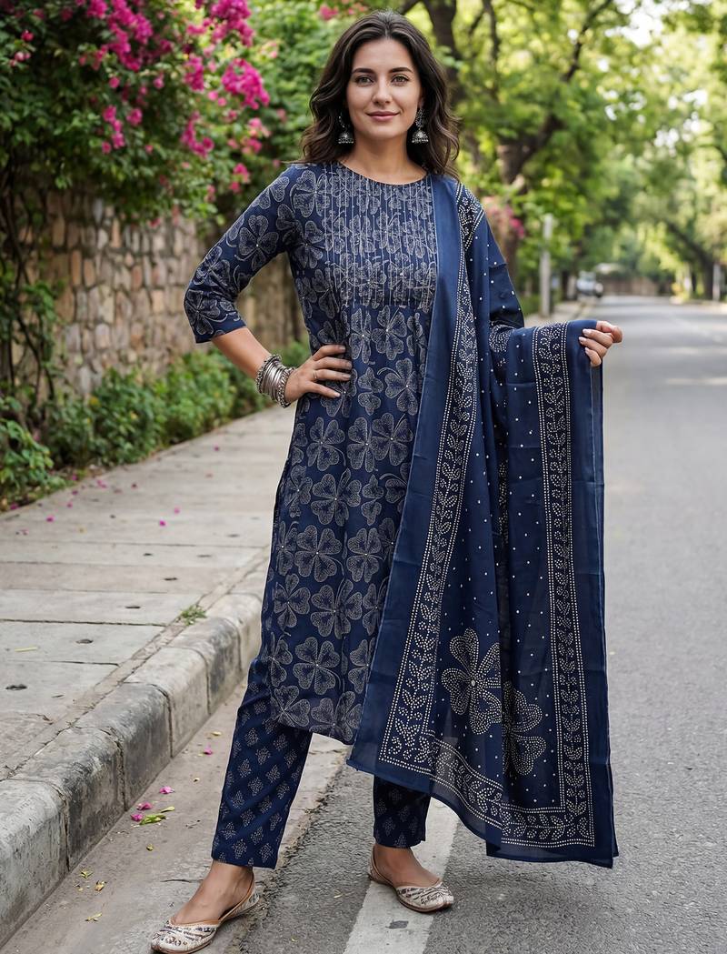 Blue printed pure cotton kurta trouser dupatta set