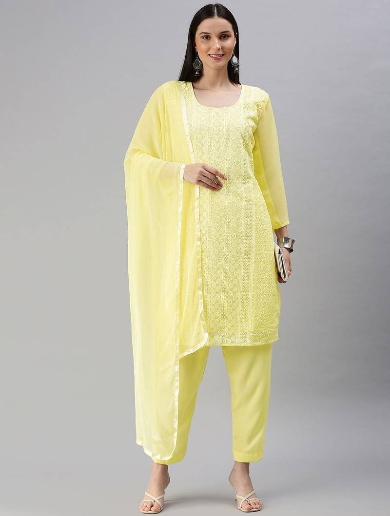 Yellow Embroidered Unstitched Dress Material