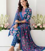 Blue printed pure cotton kurta trouser dupatta set