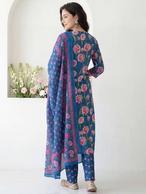 Blue printed pure cotton kurta trouser dupatta set 2