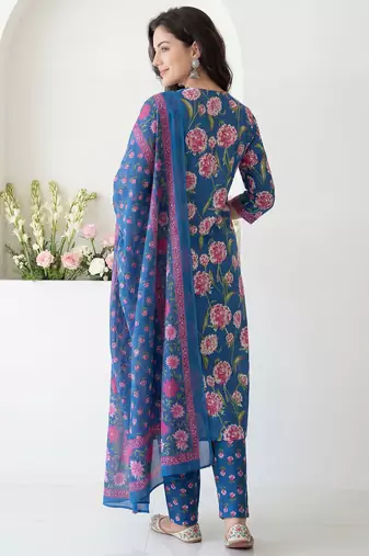 Blue printed pure cotton kurta trouser dupatta set
