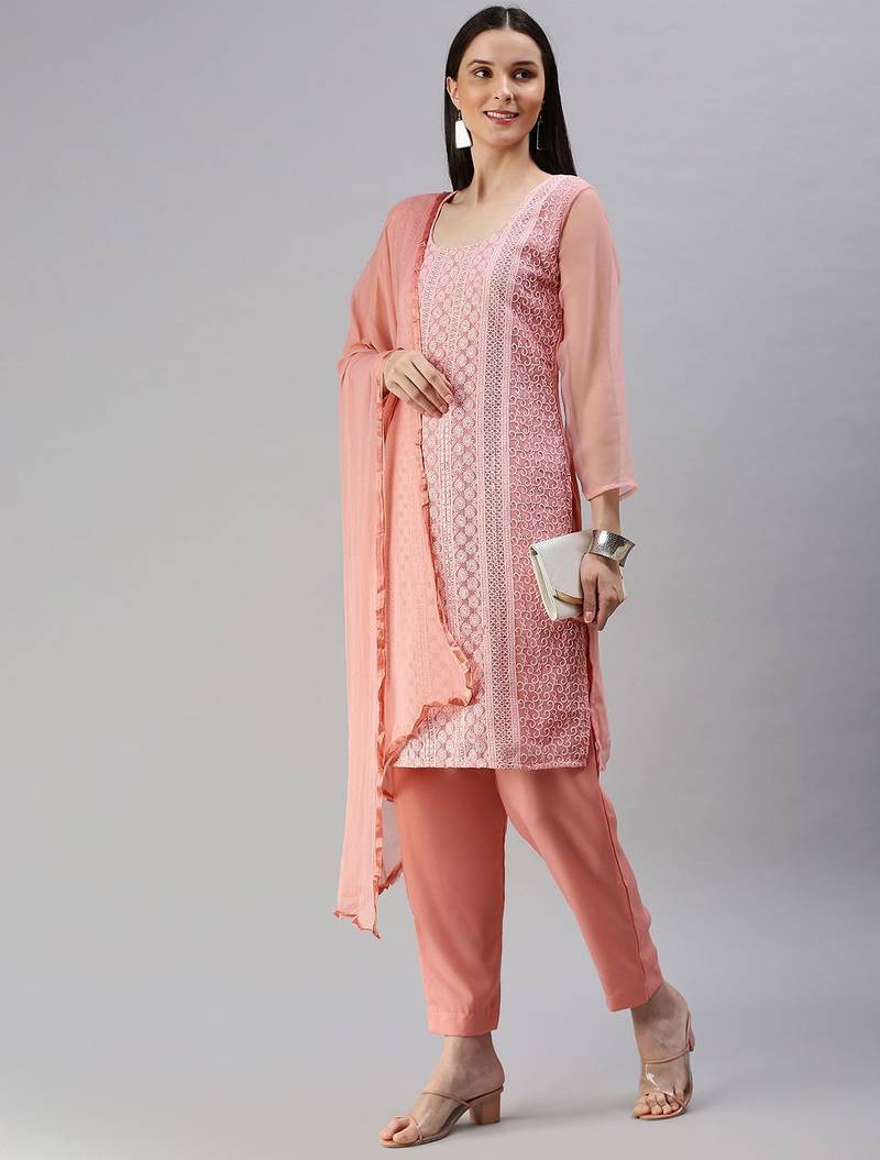Pink Embroidered Unstitched Dress Material