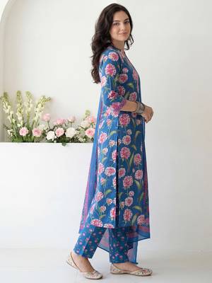 Blue printed pure cotton kurta trouser dupatta set 3